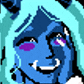 a pixel art drawing of a woman 's face with a purple eye and a smile on her face .
