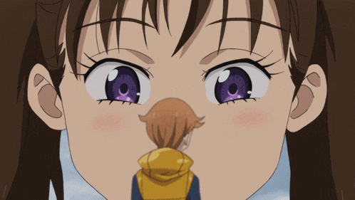 a close up of a girl with purple eyes looking at king