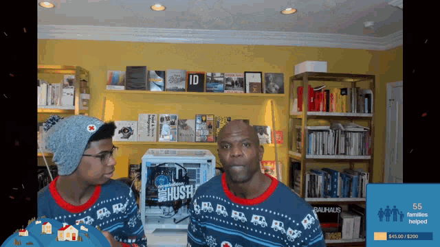 a man wearing a sweater that says hush talks to another man