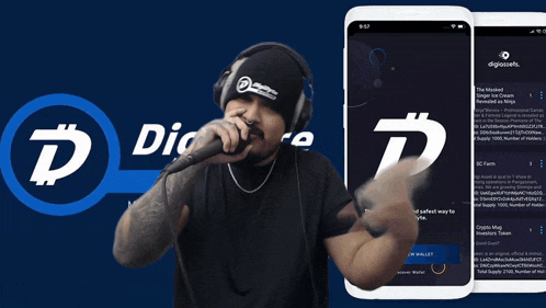 a man wearing headphones and a hat stands in front of a sign that says digi