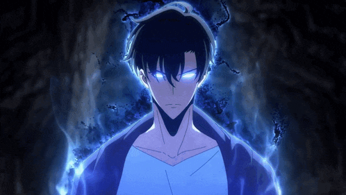 a man with glowing blue eyes is standing in front of a dark background