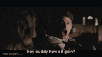 a man is talking to a woman in a car and says hey buddy how 's it goin ?