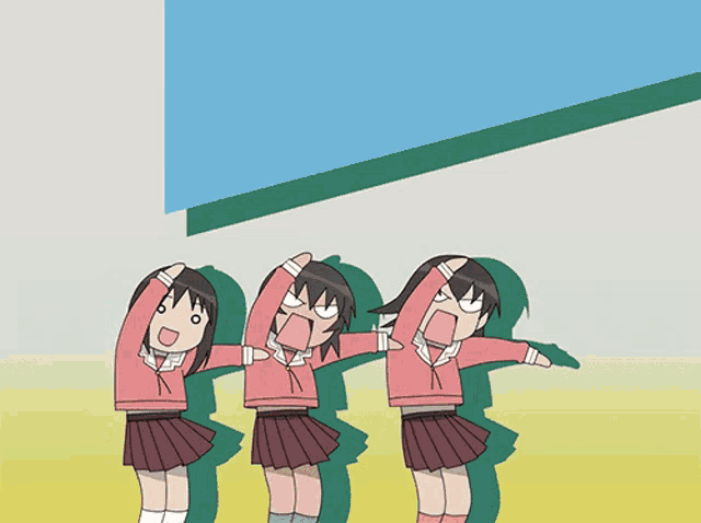 three anime girls are standing next to each other with their arms up