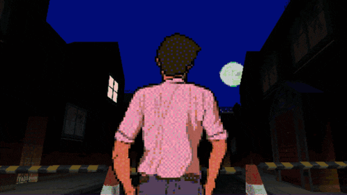 a pixel art of a man standing in a dark alleyway