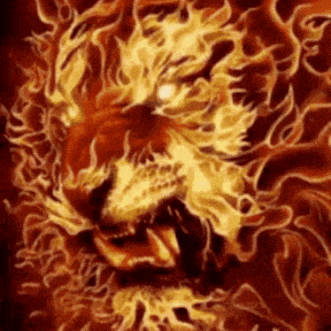 a painting of a lion surrounded by flames with its mouth open
