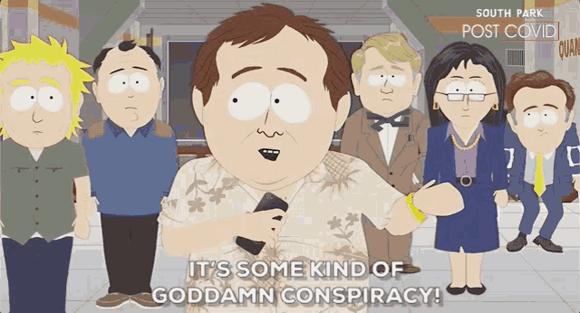 a group of south park characters stand around a man holding a cell phone