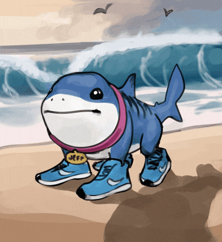 a cartoon of a shark wearing nike shoes and a jeep tag