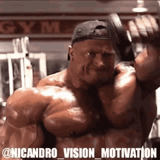 a bodybuilder is lifting a dumbbell in a gym .