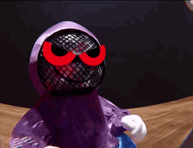 a purple cartoon character with red eyes and a hood
