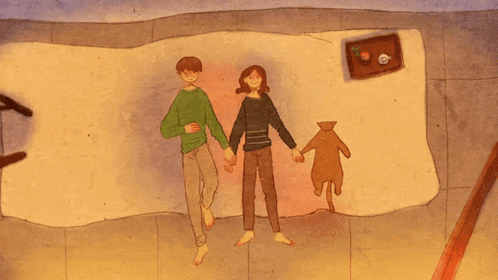 a drawing of a man and woman laying on a blanket with a cat