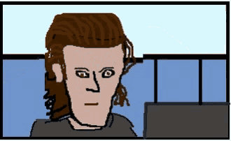 a pixel art drawing of a man with long hair and a serious look on his face