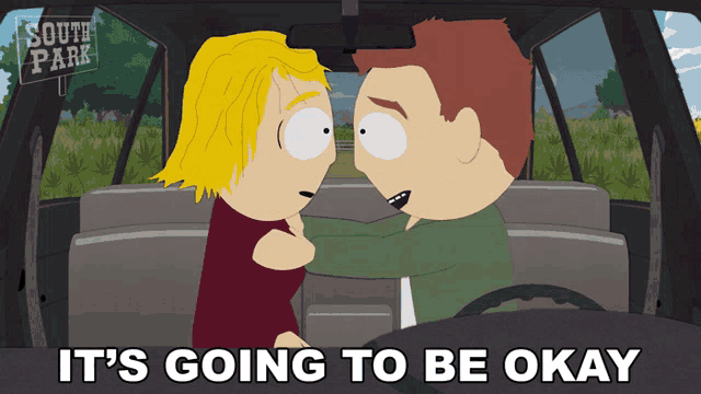 a cartoon of a man and woman in a car with the words it 's going to be okay