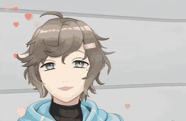 a close up of a person 's face with hearts flying around them