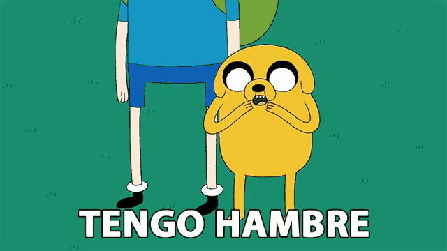 a cartoon character with the word tengo hambre on the bottom right