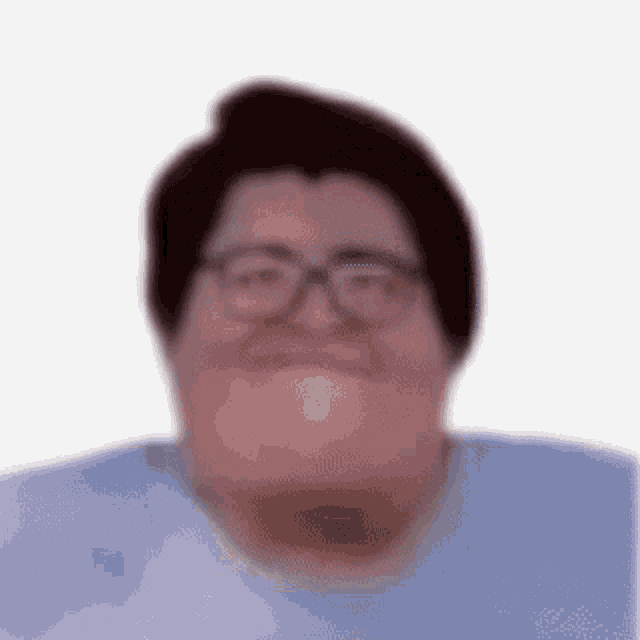 a man wearing glasses and a blue shirt is making a funny face .