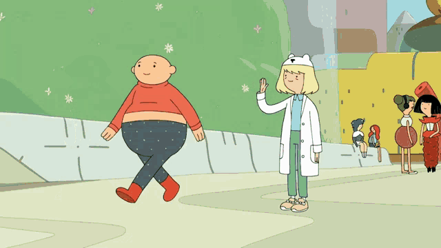 a woman in a lab coat waves to a fat man