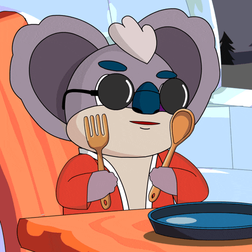 a cartoon koala is holding a fork and spoon