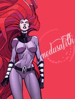 a comic book character named medusa is standing on a red background