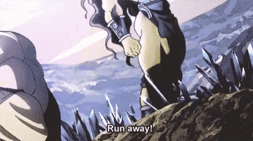 a cartoon of a person standing on a hill with the words `` run away '' written on it .