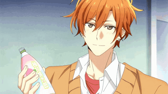 a man with orange hair is holding a bottle with a label that says ' strawberry ' on it