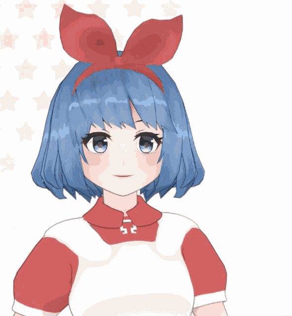 a girl with blue hair is wearing a red and white shirt with the letter e on the front