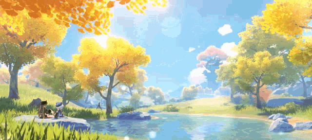 a couple sits on a rock next to a river