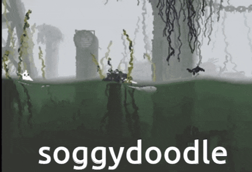 a drawing of a swamp with the words soggydoodle in white letters
