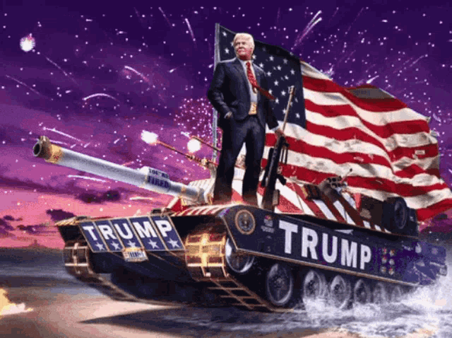 a painting of donald trump standing on top of a tank