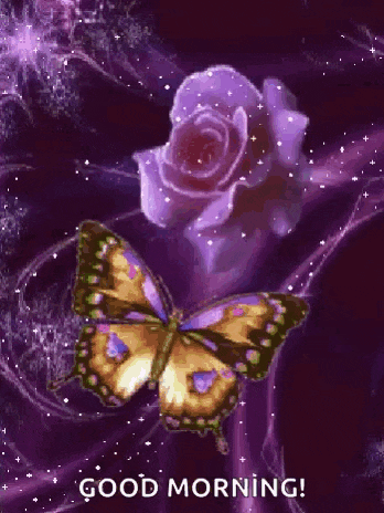 a green butterfly is flying next to a purple rose on a purple background