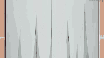a cartoon character is peeking out of a curtain .