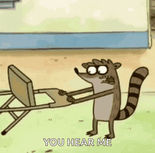 a cartoon raccoon is holding a folding chair and says `` you hear me '' .
