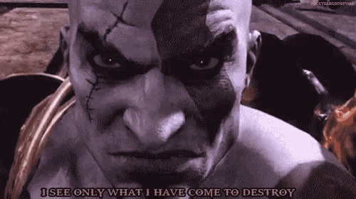 a close up of a man 's face with the words i see only what i have come to destroy below him