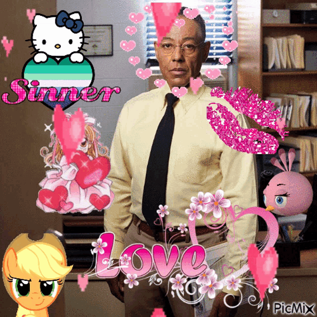 a picture of a man with a hello kitty heart and the word sinner