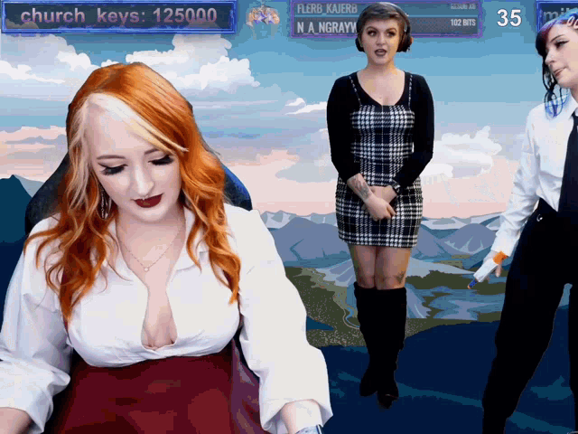 three women are standing in front of a screen that says church keys 125000 on it