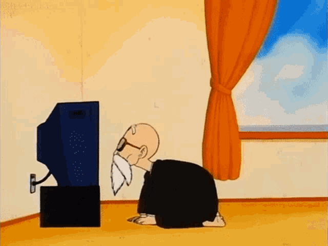 a cartoon man is kneeling in front of a television .