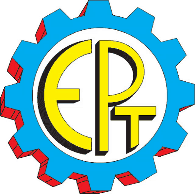 a blue gear with the letters ep t inside of it