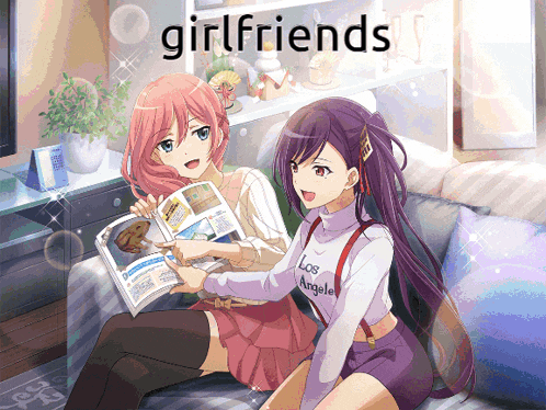two anime girls are sitting on a couch reading a magazine with the words girlfriends written above them