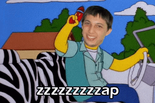 a cartoon of a man sitting in a zebra car with the words zzzzzzzap written below him