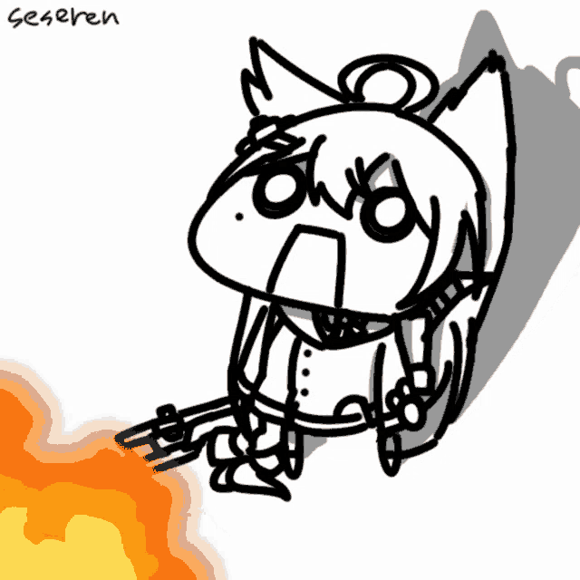 a black and white drawing of a girl with a gun and the name seseren on the bottom