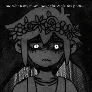 a black and white drawing of a girl with flowers on her head and the words me when my mom looks through my phone