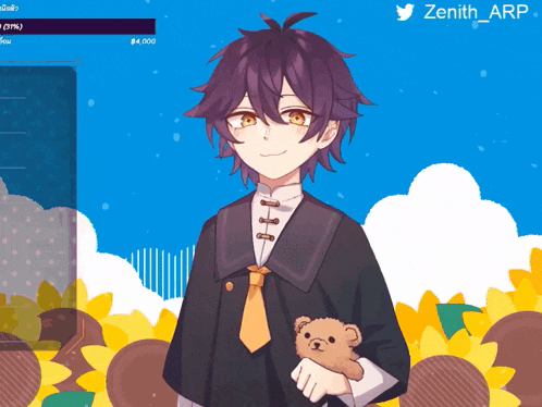 a boy with purple hair is holding a teddy bear in front of a blue sky and sunflowers