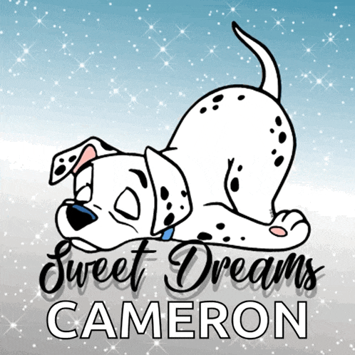 a dalmatian dog is laying down with the words sweet dreams cameron below it