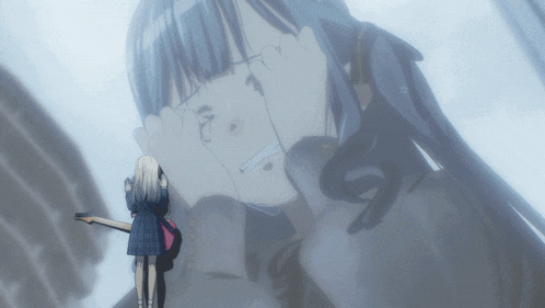 a girl in a school uniform is standing in front of a giant crying woman