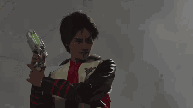 a man in a black and white jacket is holding a sword
