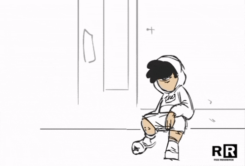 a black and white drawing of a boy with a hoodie that says rr on it