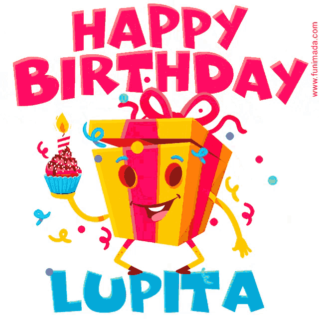 a happy birthday lupita greeting card with a gift box holding a cupcake