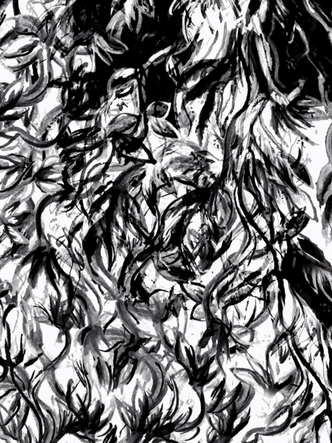 a black and white painting of a floral pattern
