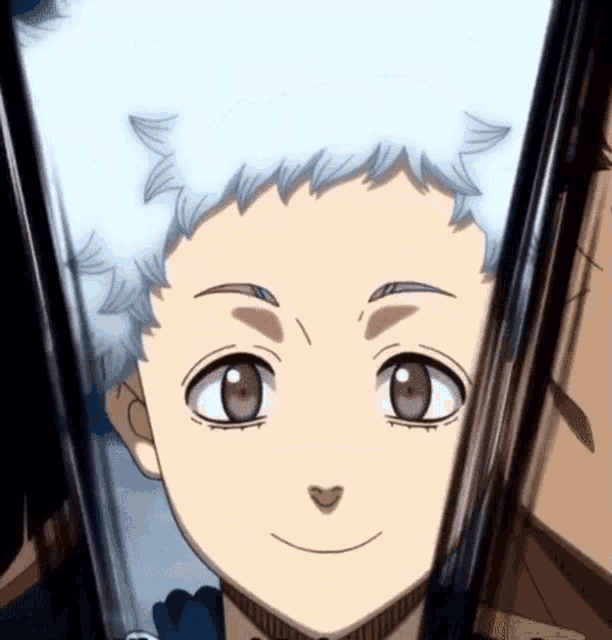 a close up of a cartoon character 's face with a white hair and pink eyes