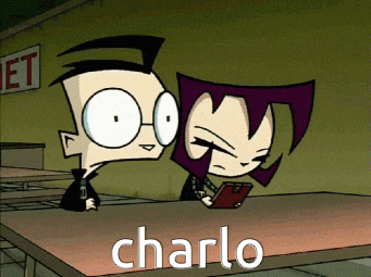 a couple of cartoon characters sitting at a table with charlo written on the table