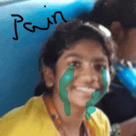 a girl with green tears coming out of her eyes and the word pain written above her .